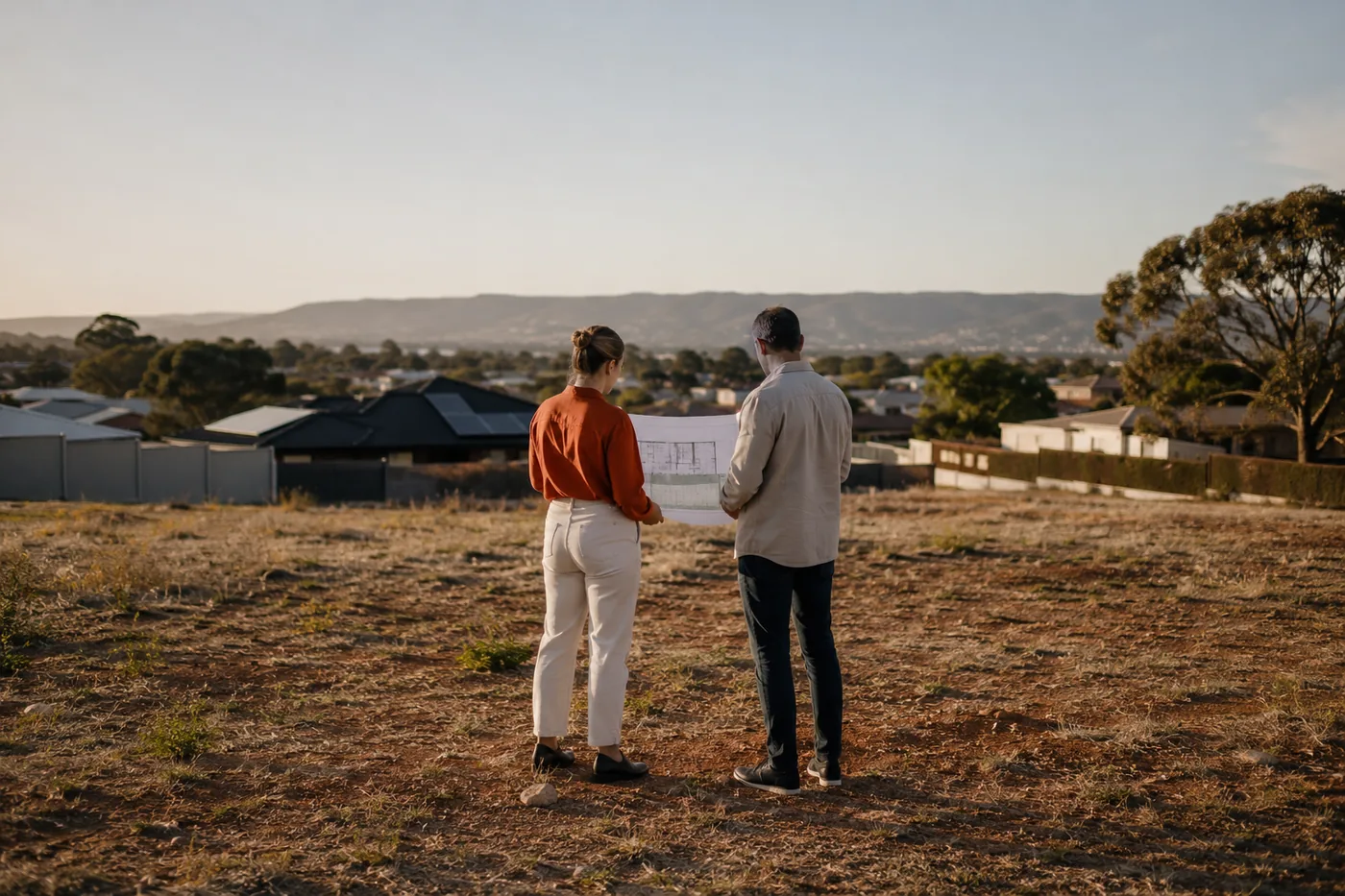 A landowner and a consultant reviewing a site plan on an empty block