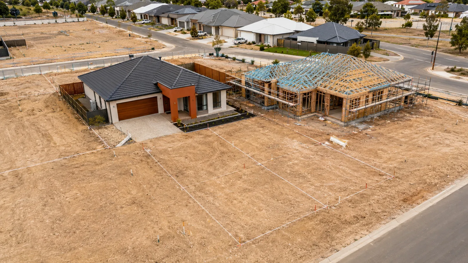 Aerial view of a block mid-subdivision, one house complete and one under frame