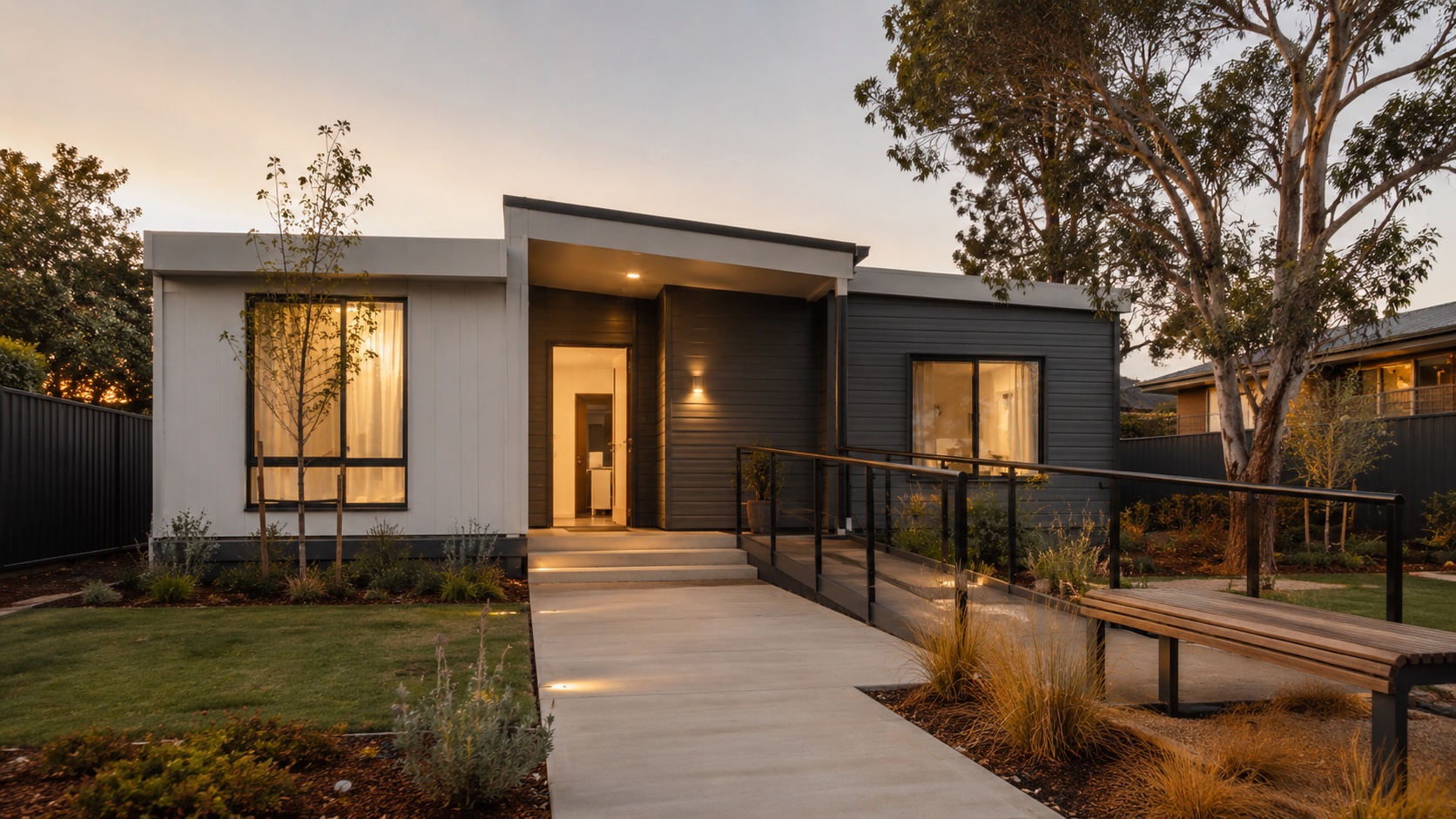 Compact single-storey modular home with landscaped frontage
