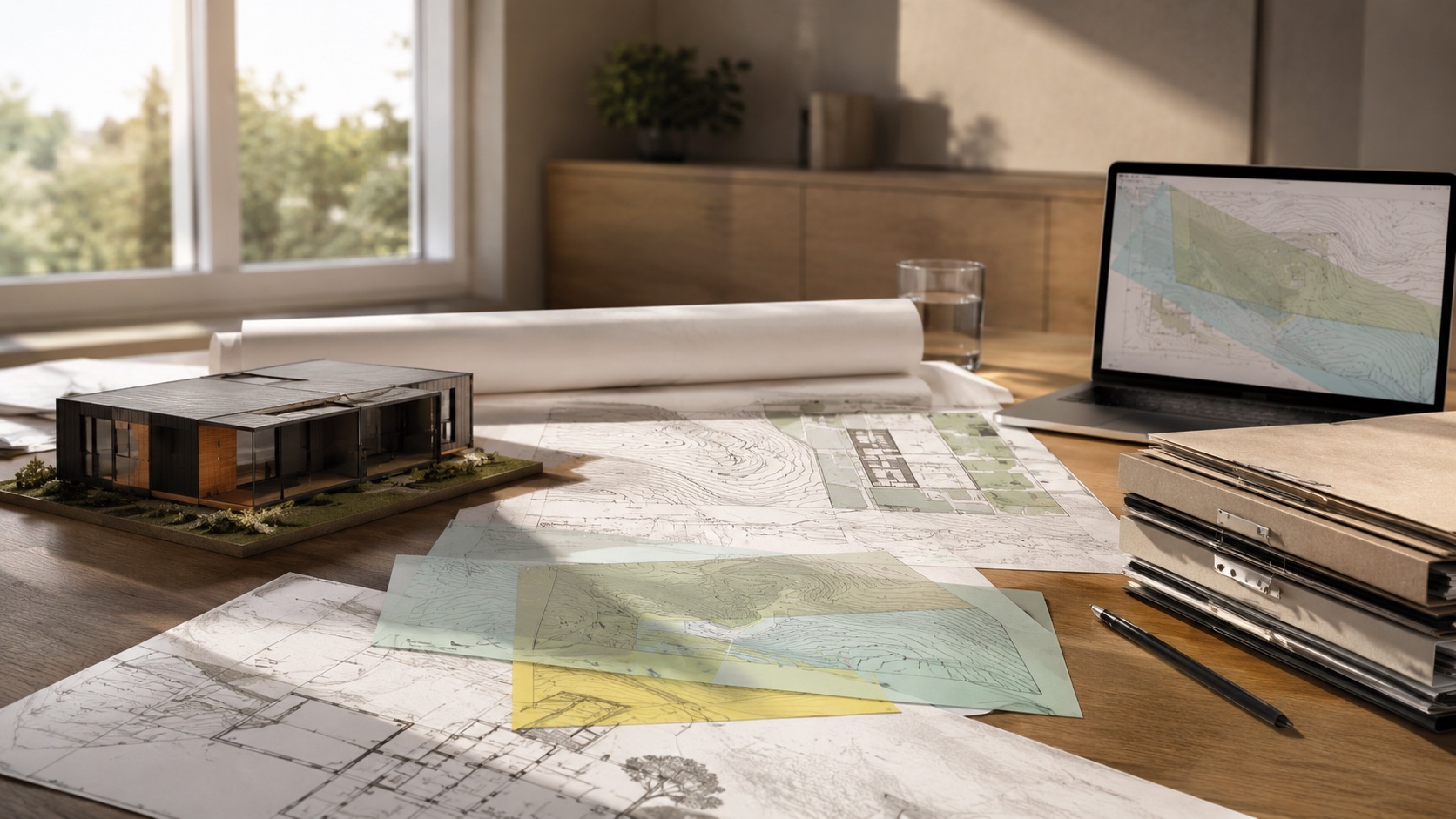 Feasibility desk with planning overlays, site plans and modular project model