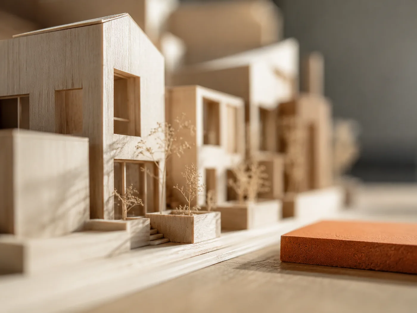 Macro close-up of a basswood scale model of townhouses
