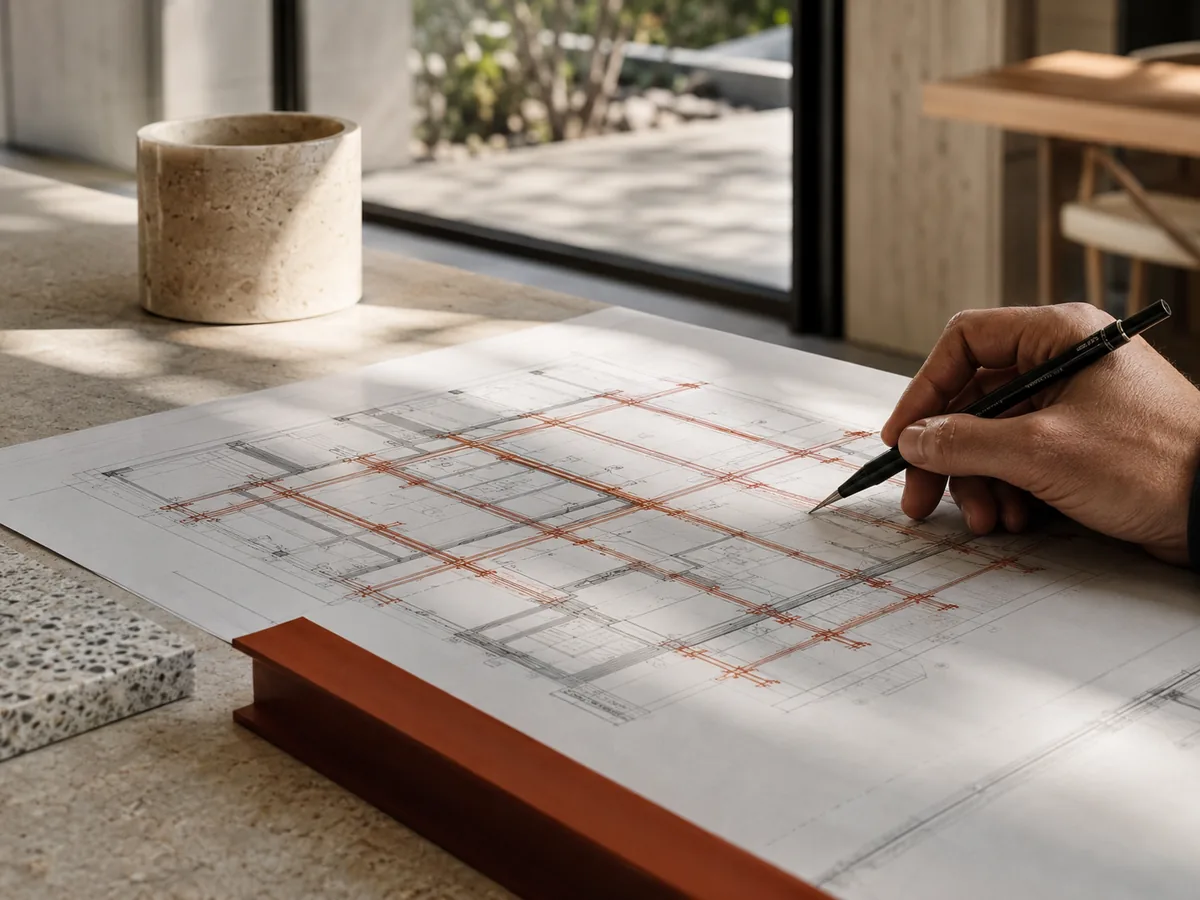 Engineer marking up structural and services notes on architectural drawings